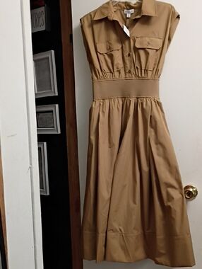 Women’s Tan Shirtwaist Midi Dress with Elastic Waist